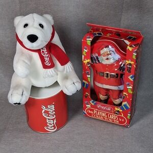 Vtg Coca-Cola Holiday Lot Polar Bear Plush, Santa Playing Card Tin & Puzzle Set